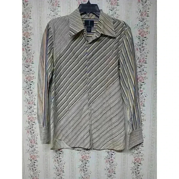CARBON Women's Button up Shirt PinStriped 100% Cotton Sz Medium Collared - Picture 1 of 7